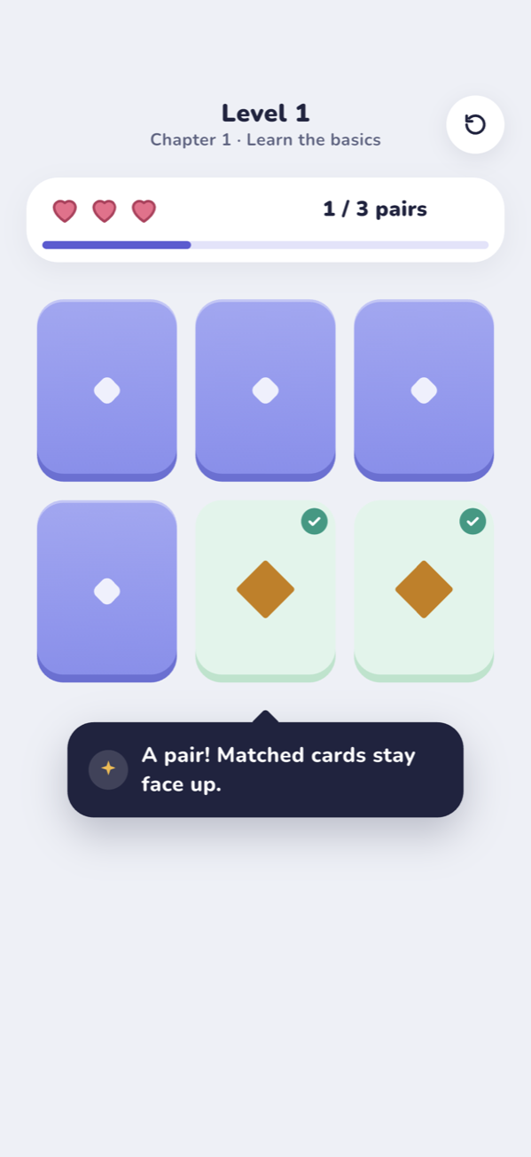 A board of face-down cards with one matched pair